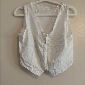 White Sleeveless Button-Front Linen Blend Vest Tank Top